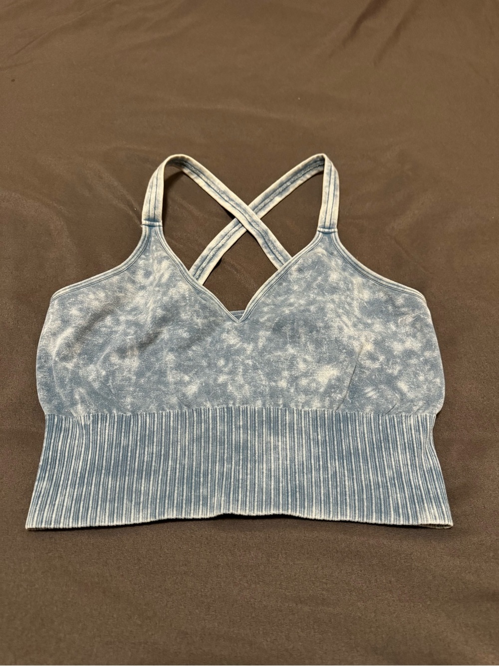 Zenana Outfitters Light Blue Tie-Dye Crisscross Ribbed Bralette